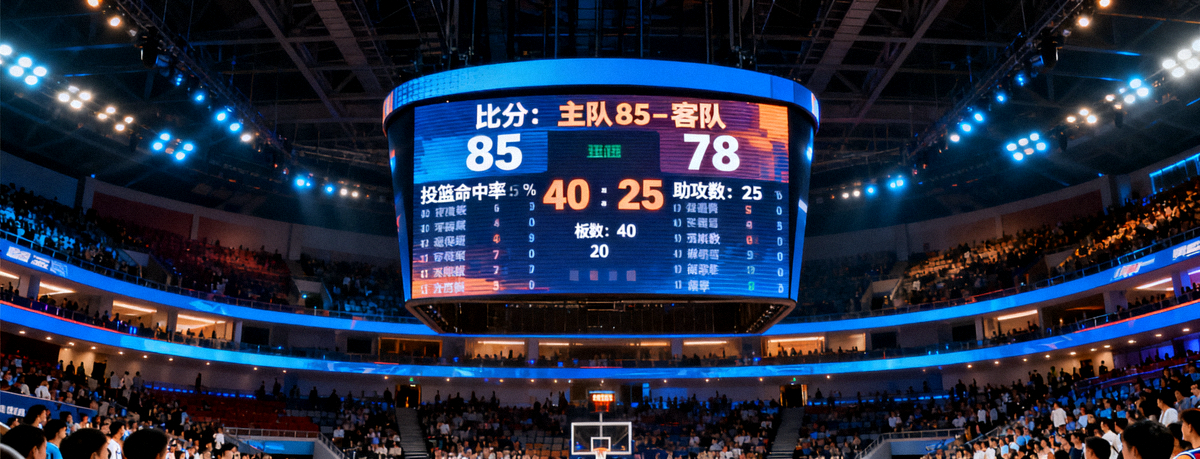 体育场馆内大屏幕显示比分与比赛统计数据的画面